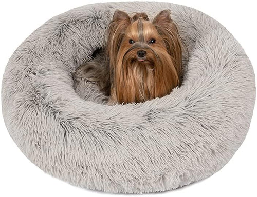 Donut Dog Bed Faux Fur Fluffy Calming Sofa for Small Dogs, Soft & Plush anti Anxiety Pet Couch for Dogs, Machine Washable Coco Pet Bed with Non-Slip Bottom, 23"X23"X6" Grey